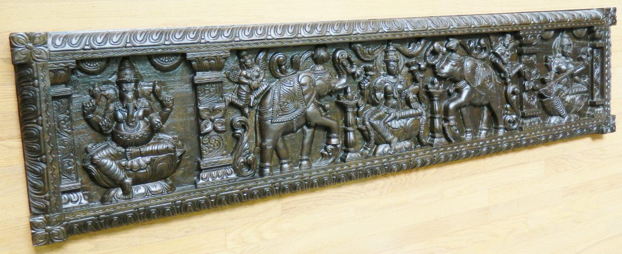 6 ft x 17.5 in Laxmi-Ganesha-Saraswati Antique Black Panel