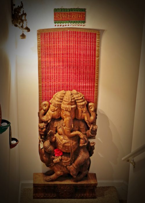 27 in x 4 ft Tri-Mukha Natural Finish Ganesha Sculpture